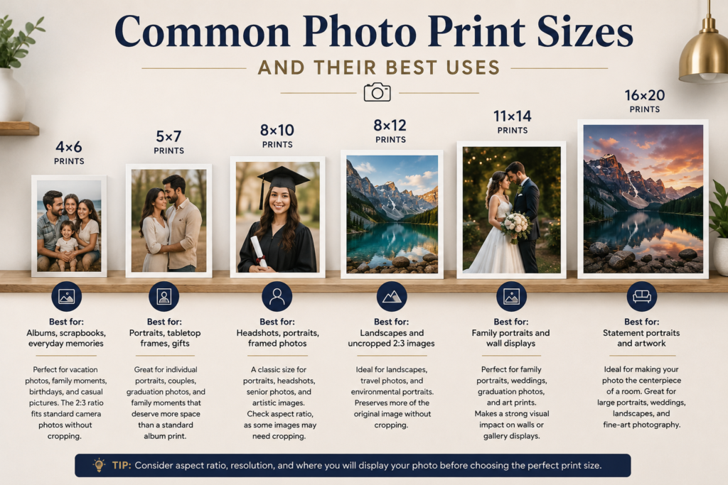 Common photo print sizes from 4×6 to 16×20 for portraits, albums, landscapes, and wall art.
