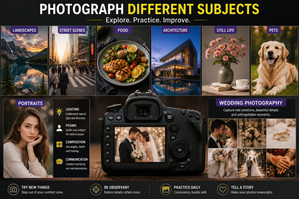 Photography guide featuring landscapes, street scenes, food, architecture, pets, portraits, and weddings.