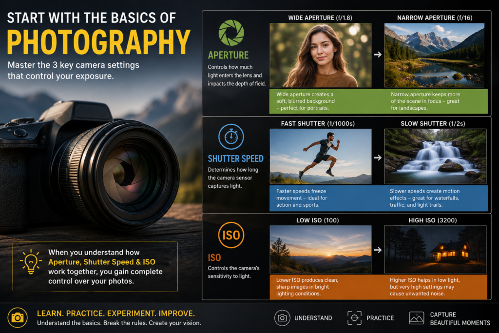 Photography basics infographic explaining aperture, shutter speed, and ISO with visual examples