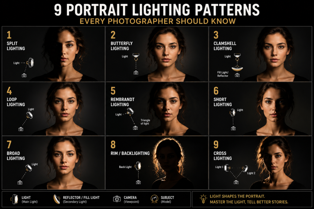 Infographic showing 9 portrait lighting patterns with simple diagrams and key lighting setups.
